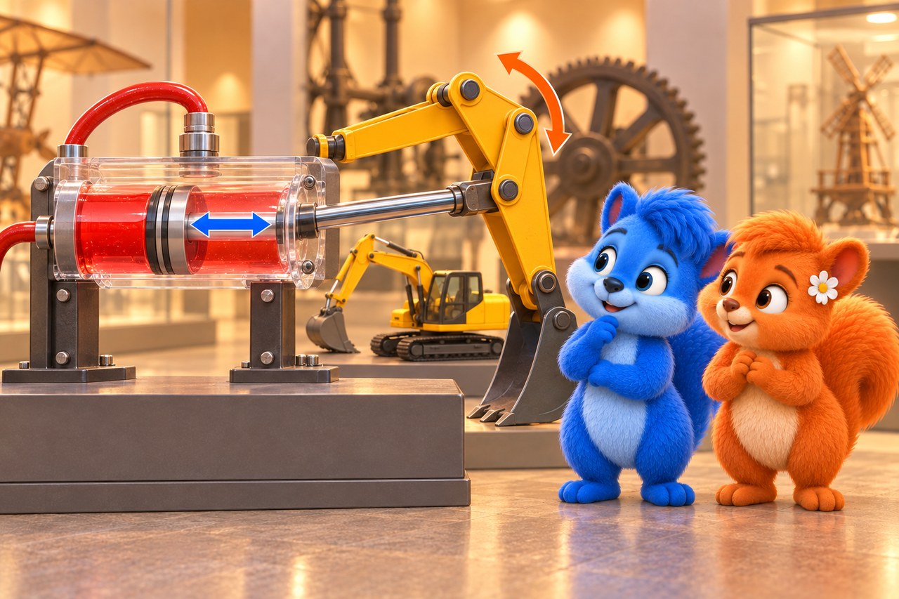 Puschel und Flauschi im Museum. Durchsichtiger Hydraulikzylinder: Kolben und Stange verschieben sich und bewegen ein Gelenk.