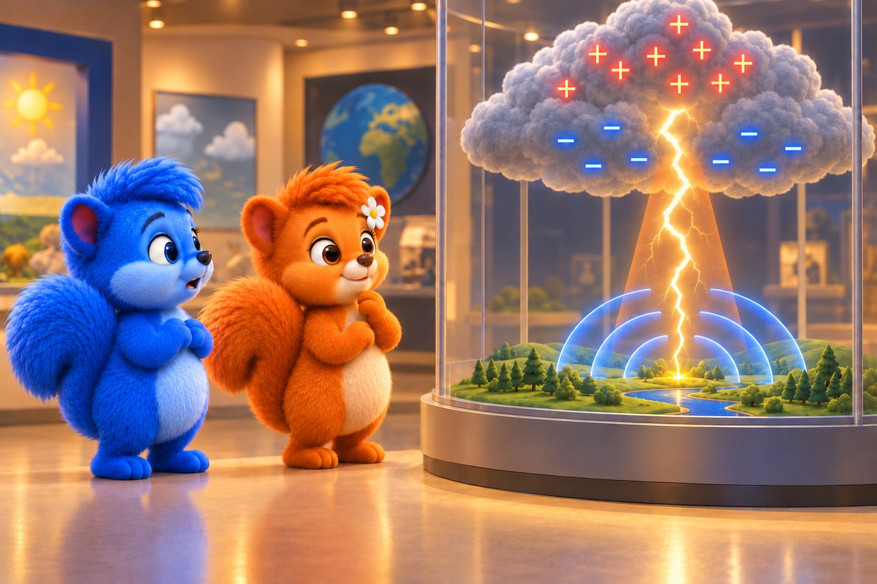 Puschel und Flauschi im Museum. Wolkenladung, Blitz und Druckwellen in einem Museumsmodell.