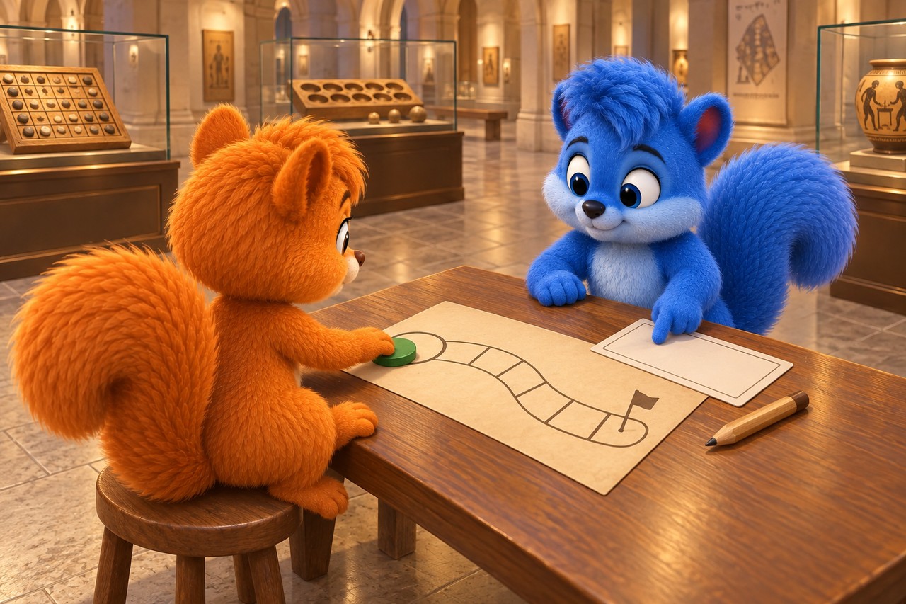 Flauschi und Puschel testen ein eigenes Papierbrettspiel an einer Museumsstation.