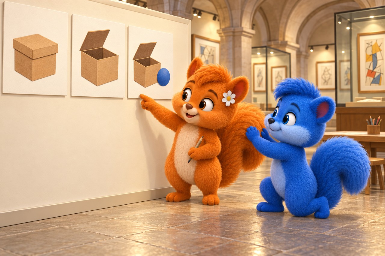 Flauschi betrachtet drei Bildkarten an einer Mitmachwand im Museum; Puschel kniet rechts und betrachtet die Folge.