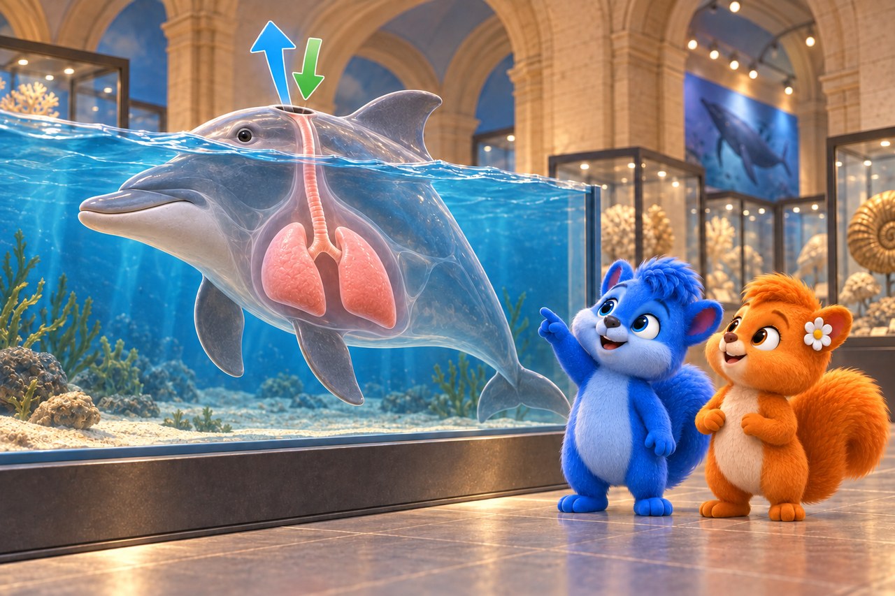 Puschel und Flauschi im Museum. Delfin-Schnittmodell an der Wasseroberfläche: Das Blasloch führt Luft zur symbolischen Lunge.