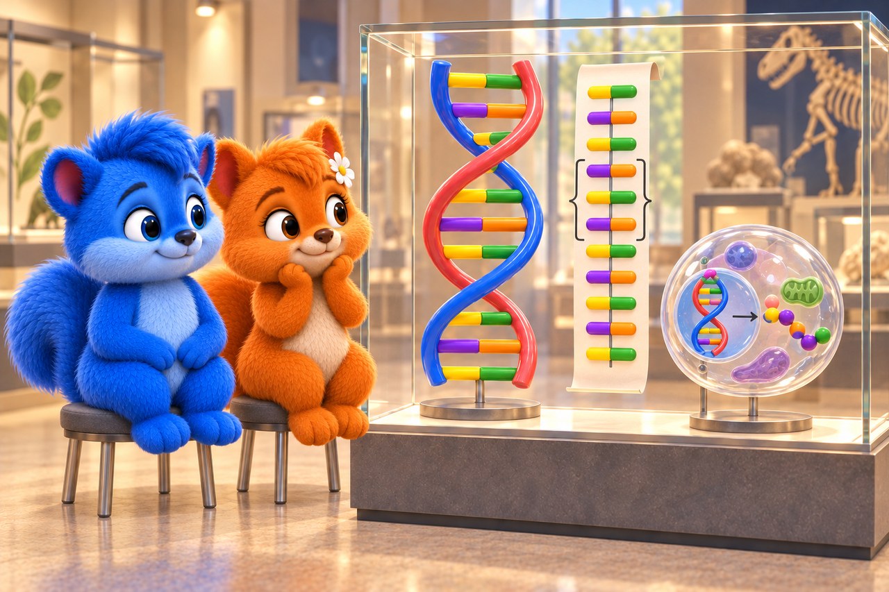 Puschel und Flauschi im Museum. DNA-Modell mit zwei Bausteinpaaren, einer Reihenfolge und einem markierten Abschnitt.
