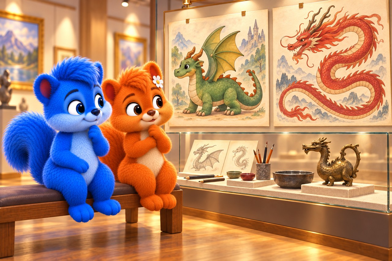Puschel und Flauschi im Museum. Zwei erfundene Drachenbilder mit unterschiedlicher Körperform und ein Drachengefäß.