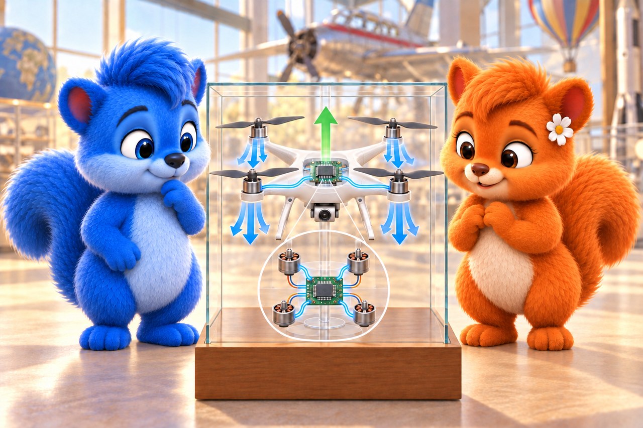 Puschel und Flauschi im Museum. Drohnenmodell mit Luftstrom nach unten und Verbindungen zwischen Steuerung und Motoren.