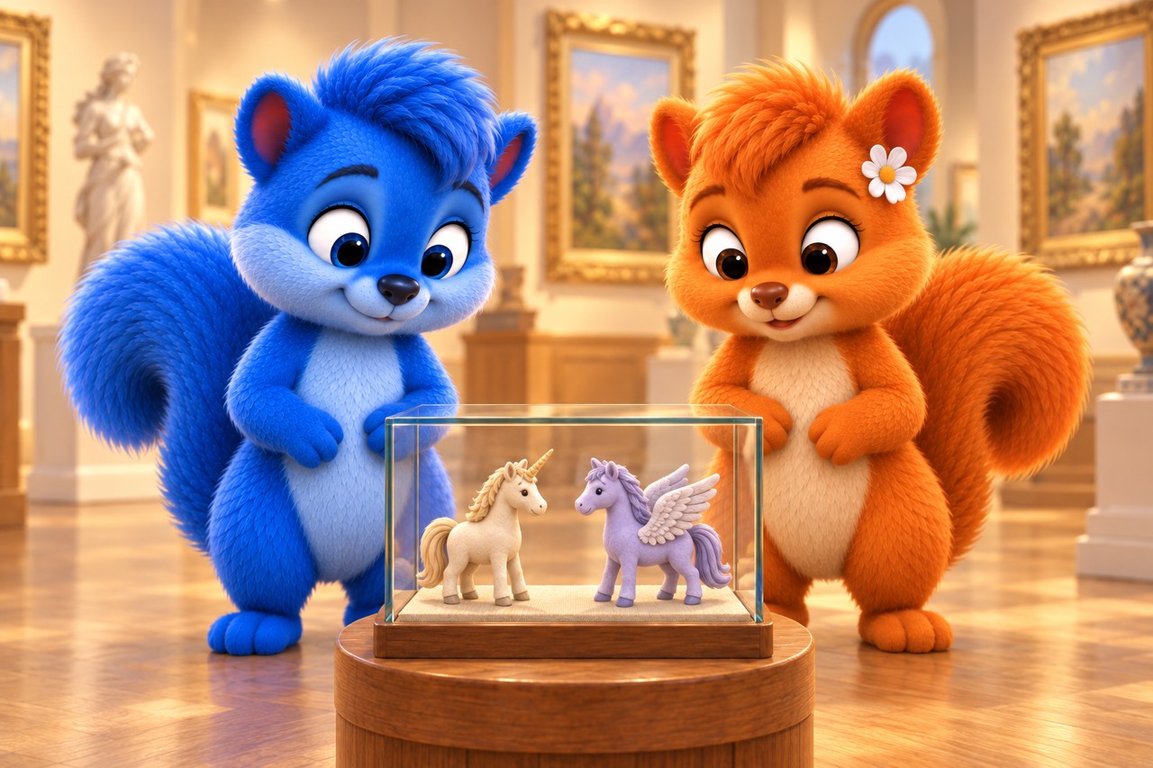 Puschel und Flauschi vergleichen erfundene Kunstfiguren eines Einhorns und eines geflügelten Pferdes in einer Vitrine.