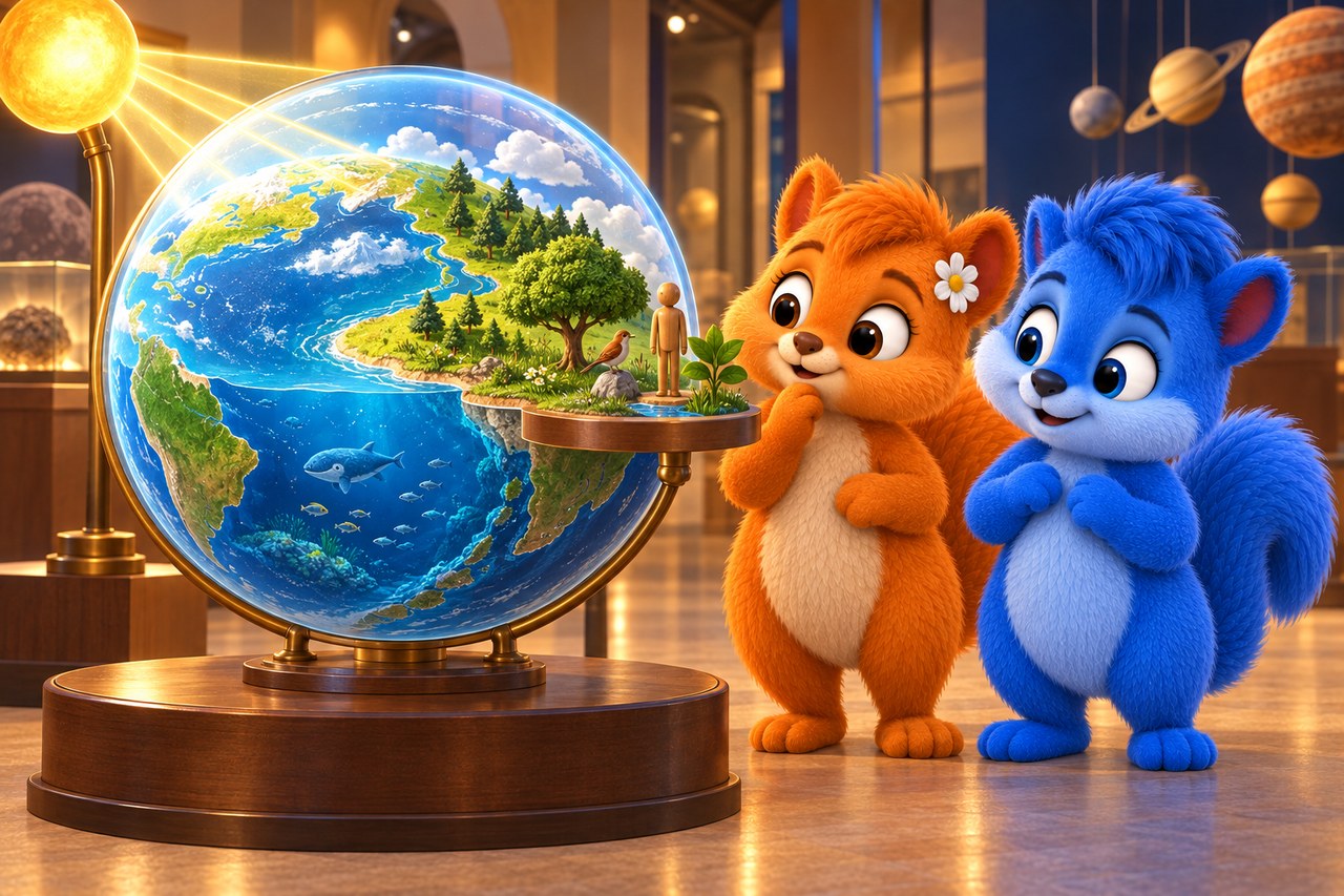 Puschel und Flauschi im Museum. Erdmodell mit Meeren, Luftschicht und einer Landschaft mit Lebewesen.