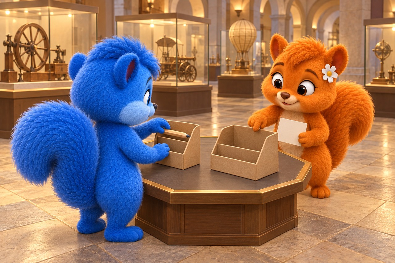Puschel und Flauschi vergleichen zwei Papphalter an einer Museums-Erfinderstation.