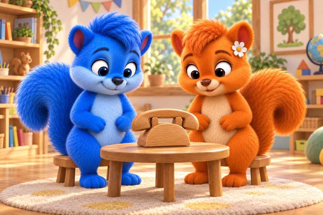 Puschel und Flauschi betrachten ein nicht angeschlossenes Übungstelefon auf einem Tisch in einem Lernraum.
