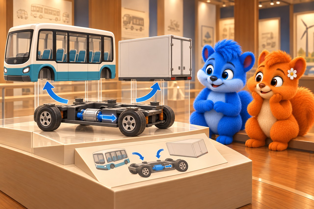 Puschel und Flauschi im Museum. Fahrzeugentwurf mit gemeinsamem Fahrgestell und austauschbaren Aufbauten.