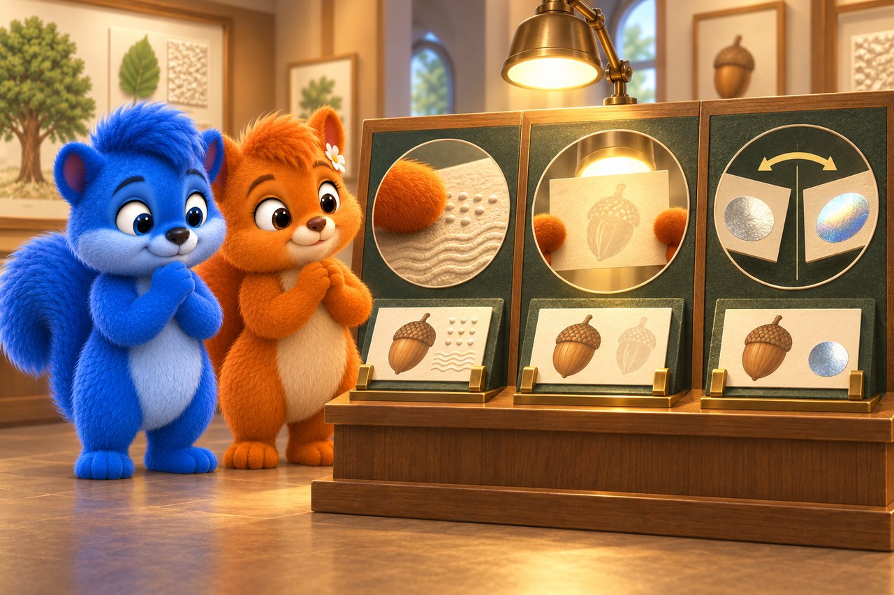 Puschel und Flauschi im Museum. Erfundene Spielscheine zeigen Fühlen, Prüfen im Gegenlicht und Kippen.