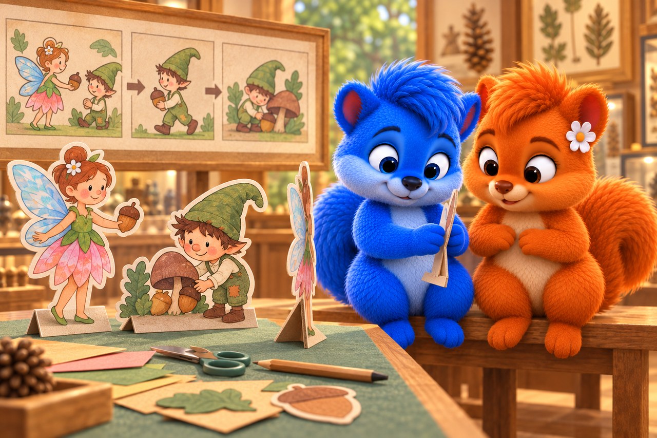 Puschel und Flauschi im Museum. Feen- und Koboldfiguren aus Papier mit sichtbaren Stützen und einer dünnen Seitenkante.