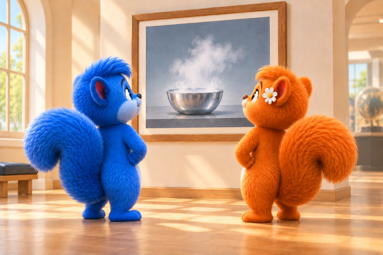 Gleich große erwachsene Puschel und Flauschi betrachten ein gerahmtes Museumsbild mit Vorführgefäß und weißem Nebel.