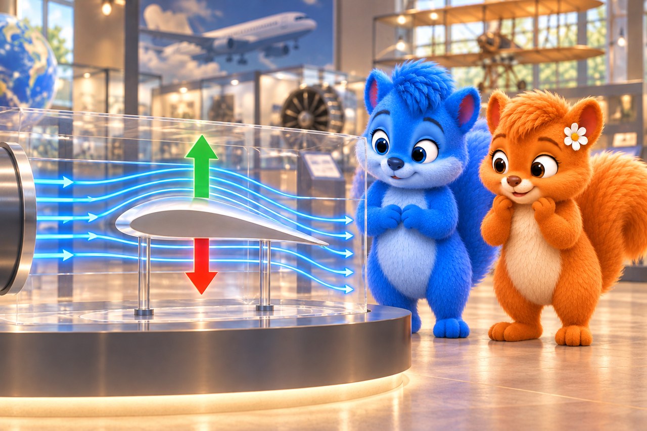 Puschel und Flauschi im Museum. Flügelmodell: Luft wird nach unten gelenkt, Auftrieb wirkt nach oben, Gewicht nach unten.