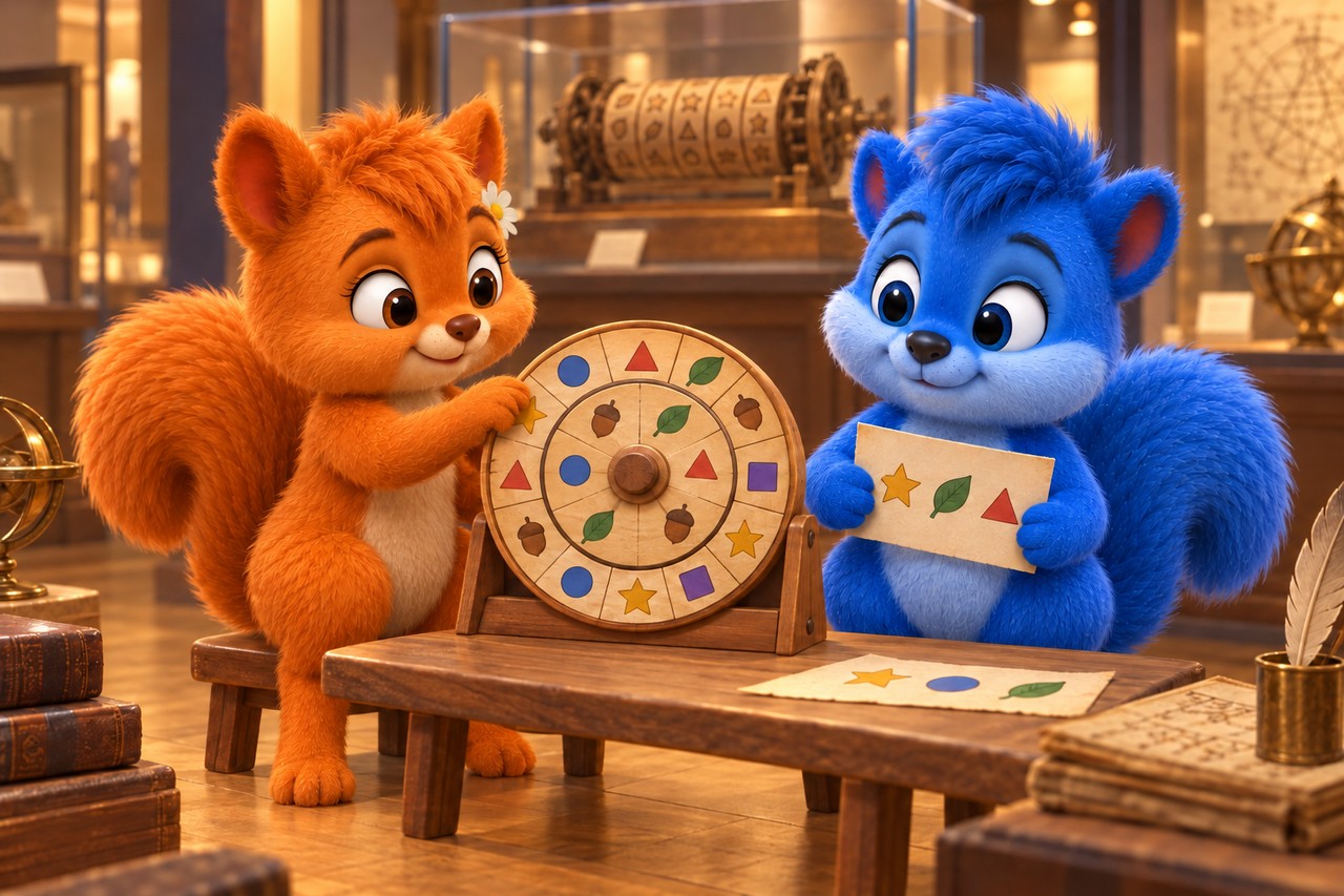 Gleich große Wusels betrachten eine Symbolscheibe und eine Spielnachricht im Museum.