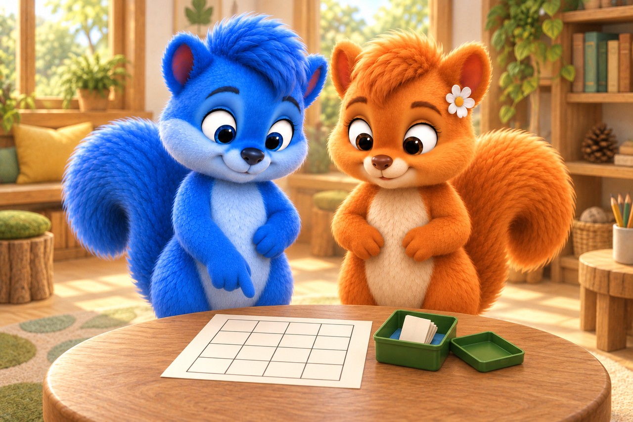 Puschel und Flauschi betrachten eine Übungsdose und eine erfundene Papierkarte auf einem Tisch.