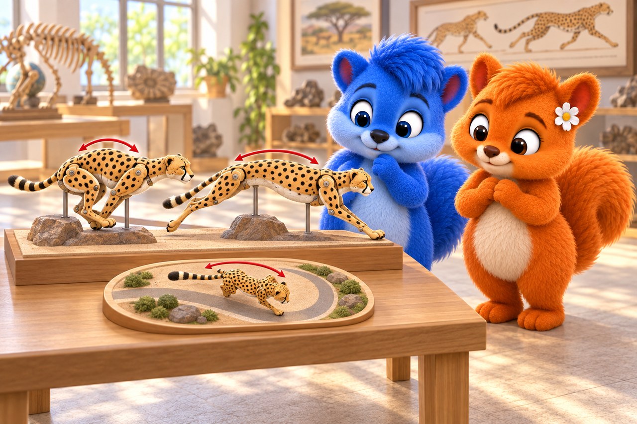 Puschel und Flauschi im Museum. Bewegungsmodelle mit gebeugtem und gestrecktem Rücken sowie langem Schwanz beim Wenden.