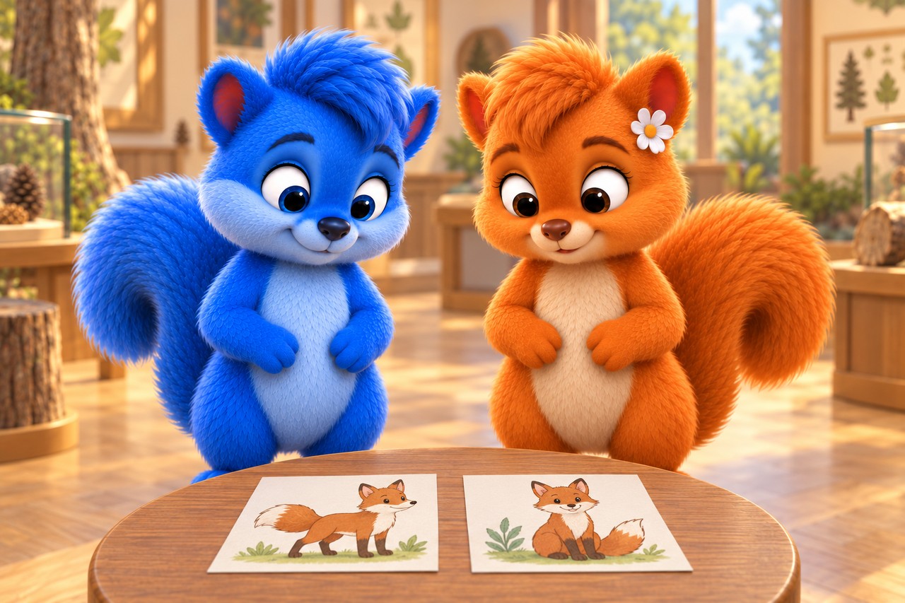 Puschel und Flauschi betrachten zwei flache Bildkarten mit unterschiedlichen Haltungen eines erfundenen Fuchses.