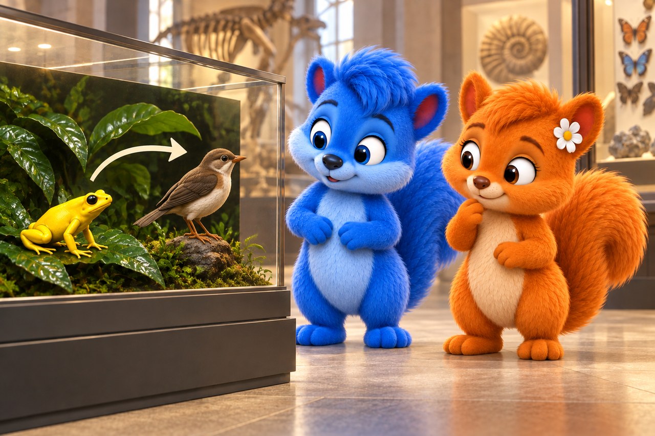 Puschel und Flauschi im Museum. Auffälliges Froschmodell und ein abwendender Fressfeind.