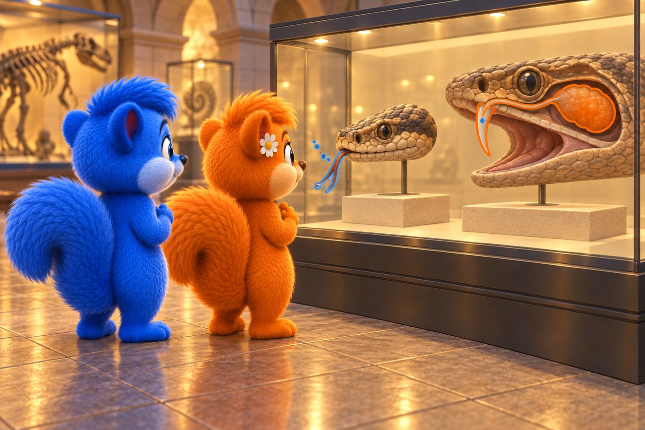 Puschel und Flauschi im Museum. Schlangenmodell trennt die Zunge zum Sammeln von Duftstoffen vom Giftapparat aus Drüse, Gang und Zahn.