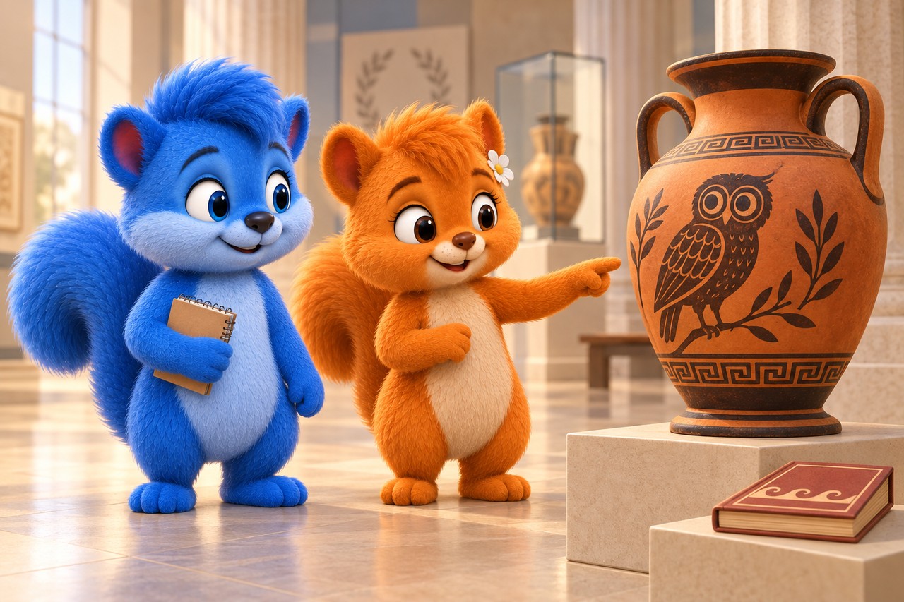 Gleich große erwachsene Wusels betrachten eine erfundene griechisch inspirierte Vase mit gemalter Eule im Museum.