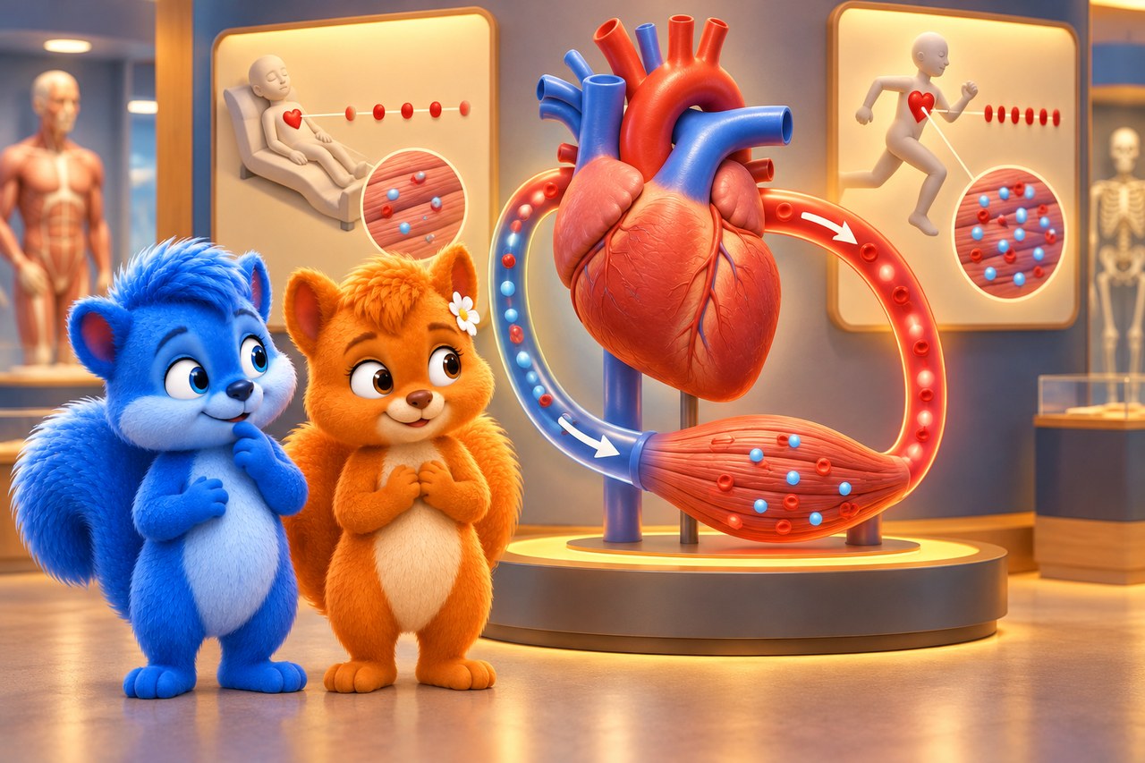 Puschel und Flauschi im Museum. Herzmodell mit geschlossenem Blutkreislauf und Vergleich von Ruhe und Rennen.