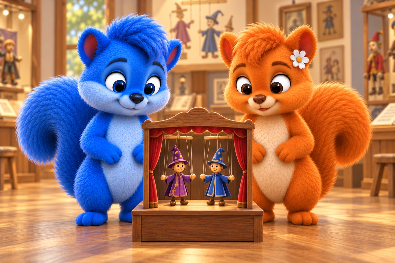 Puschel und Flauschi betrachten zwei freundliche Theaterpuppen mit Hüten auf einer kleinen Puppenbühne.