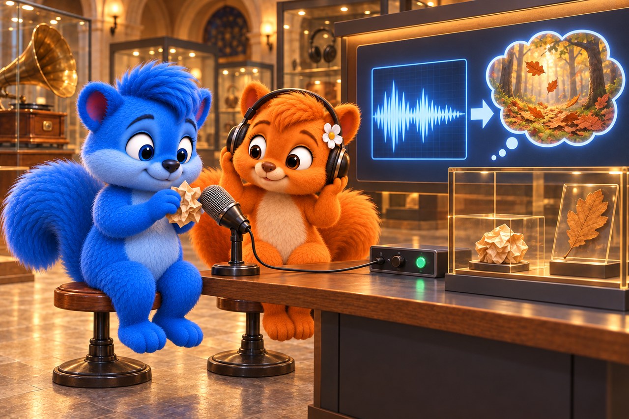 Puschel und Flauschi im Museum. Geräuschstation: Papier raschelt am Mikrofon, Aufnahme und Waldvorstellung werden verglichen.