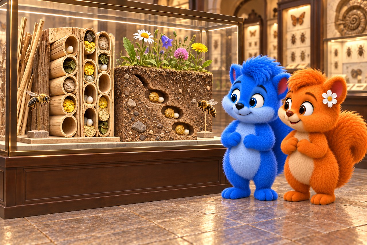 Puschel und Flauschi im Museum. Nistmodelle in Röhren und im Boden; Blüten liefern Nahrung.