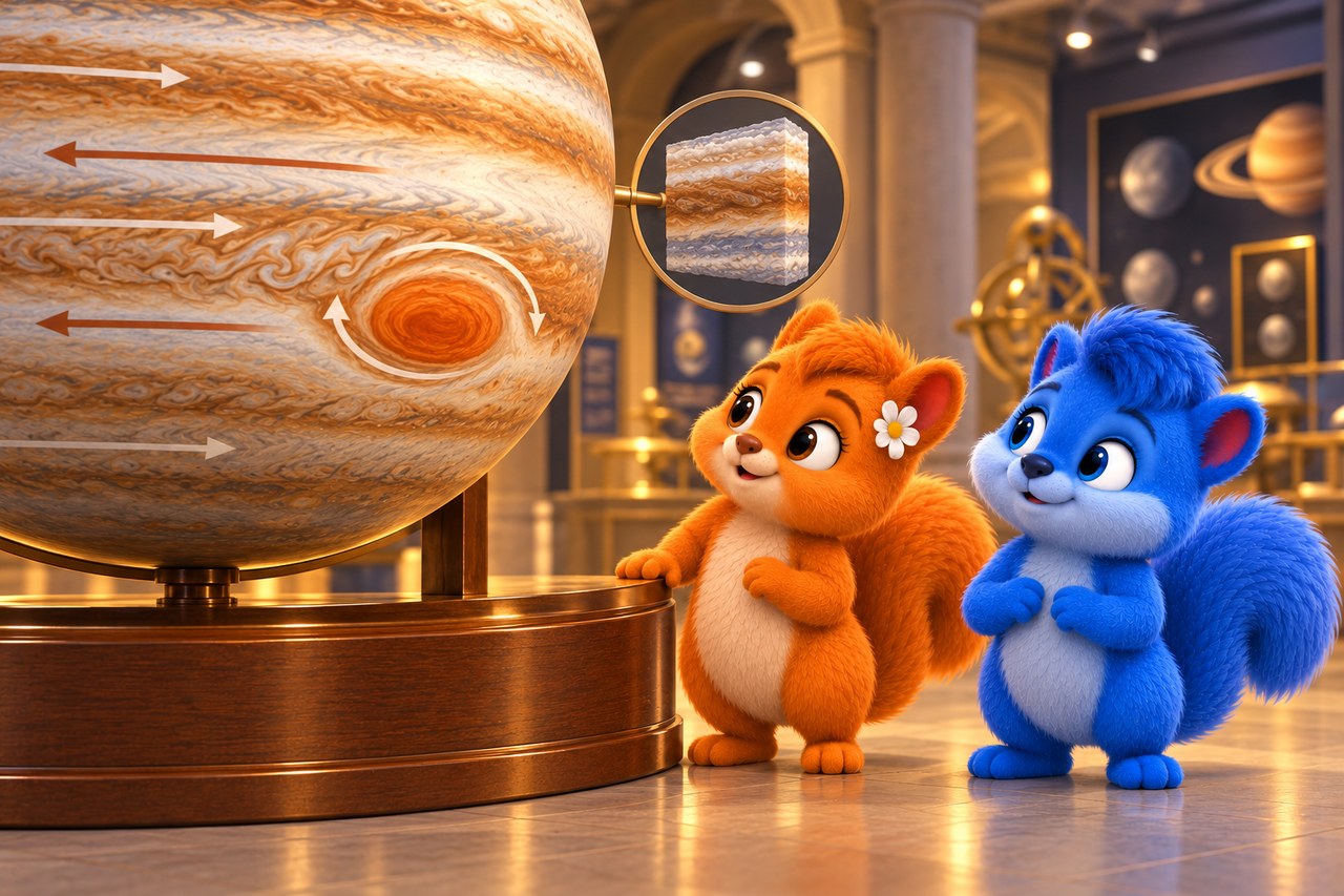 Puschel und Flauschi im Museum. Jupitermodell mit Wolkenbändern, Windpfeilen und einem vergrößerten Wirbel.