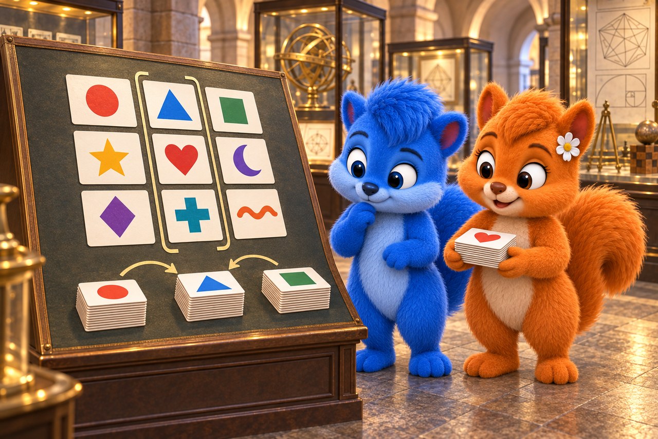 Puschel und Flauschi im Museum. Neun Karten werden in Spalten gelegt und gezielt als Gruppen neu geordnet.