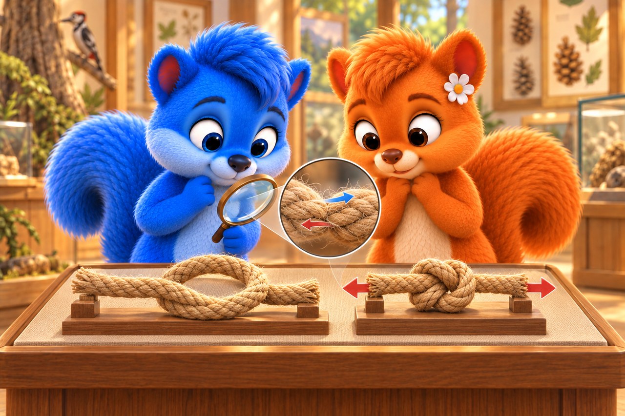 Puschel und Flauschi im Museum. Lockere und gespannte Schnur mit vergrößerten Kontaktstellen im Knoten.