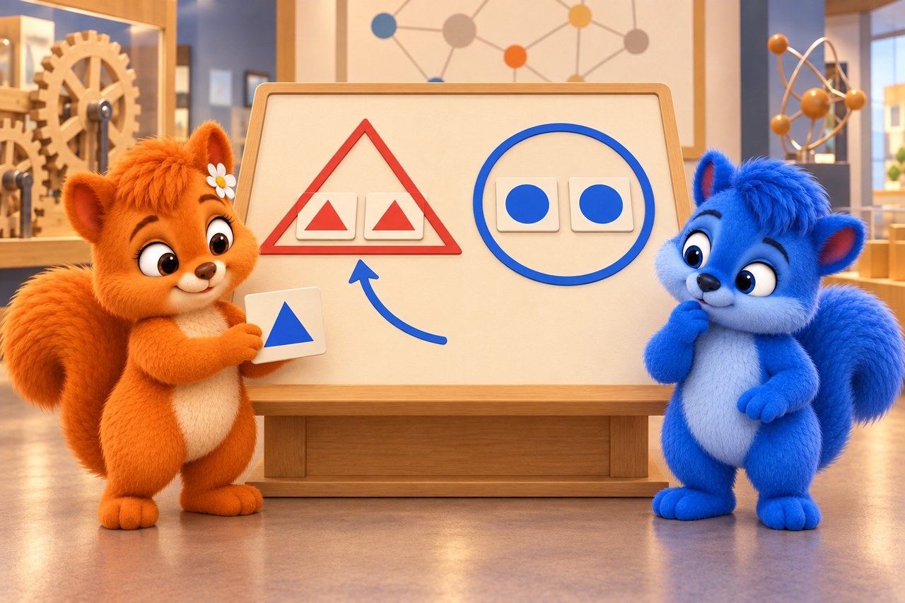 Puschel und Flauschi im Museum. Sortiertafel: Ein blaues Dreieck gehört nach seiner Form zu den Dreiecken.