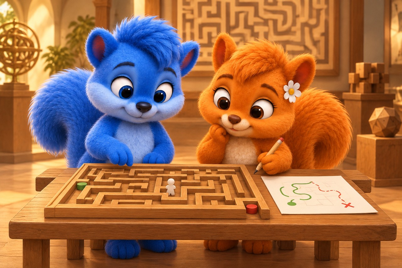Gleich große Wusels vergleichen ein Holzlabyrinth und einen gezeichneten Wegplan.