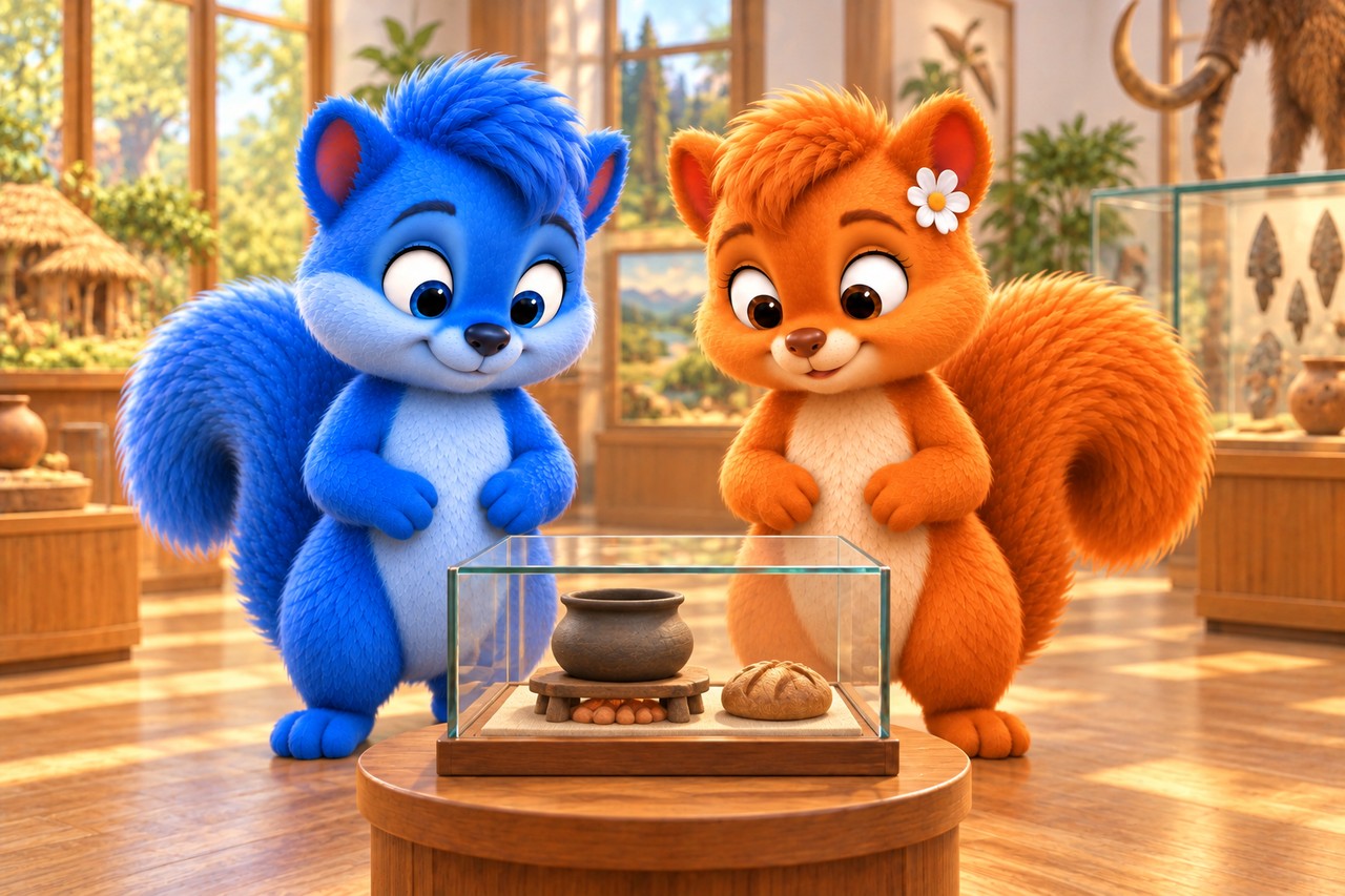 Puschel und Flauschi betrachten einen kalten Modelltopf und künstliche Glut in einer Museumsausstellung.