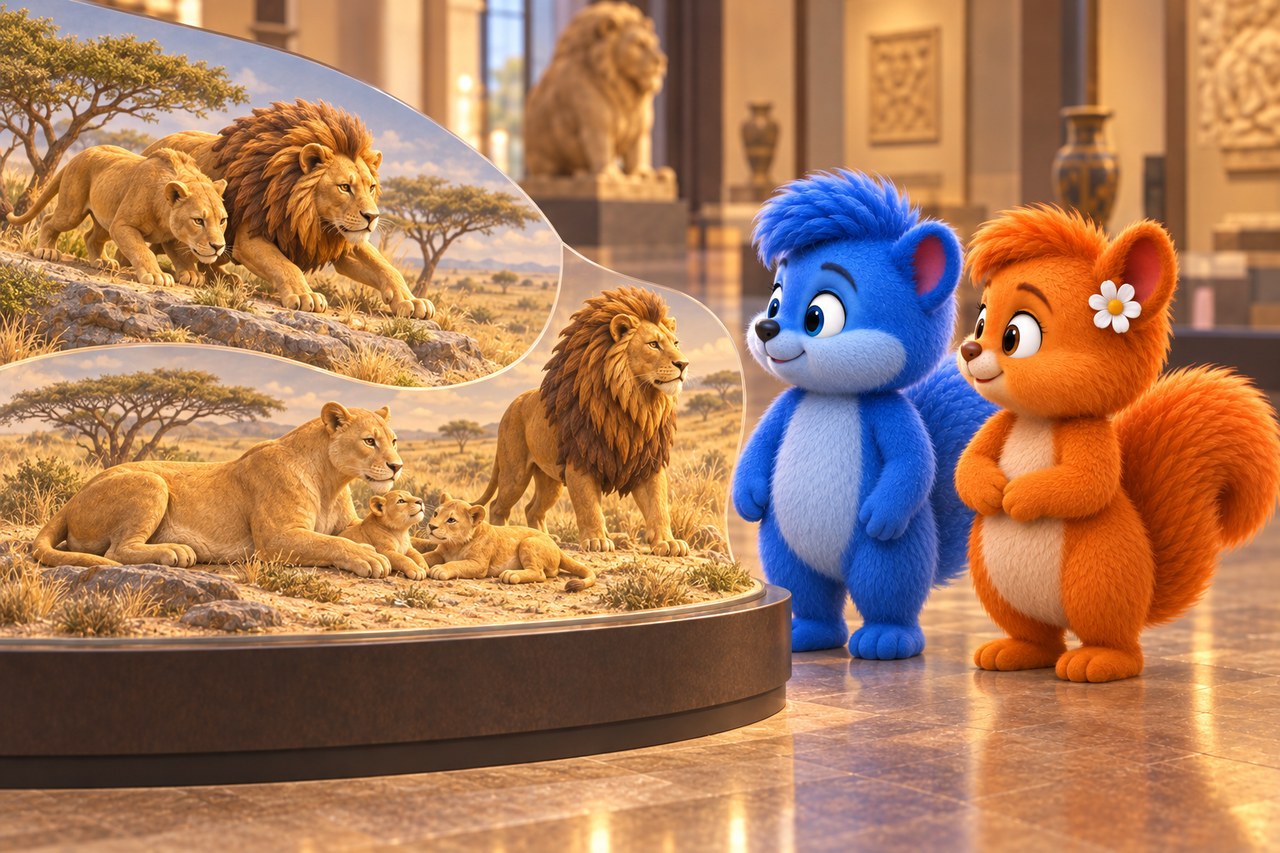 Puschel und Flauschi im Museum. Löwenrudel als Museumsmodell mit erwachsenen Tieren, Jungtieren und verschiedenen Aufgaben.