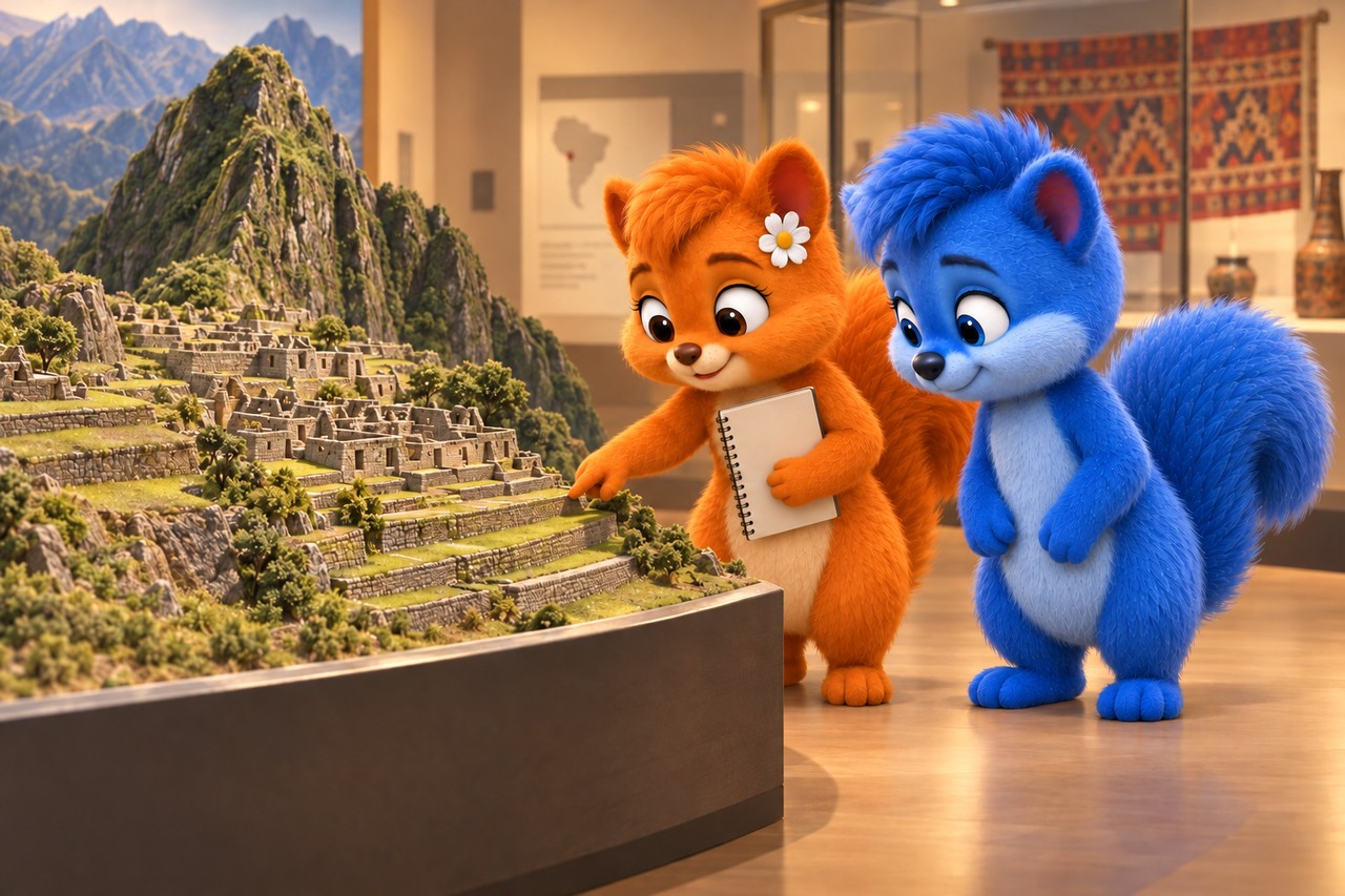 Gleich große Wusels betrachten ein Machu-Picchu-Diorama mit Terrassen und Steingebäuden.
