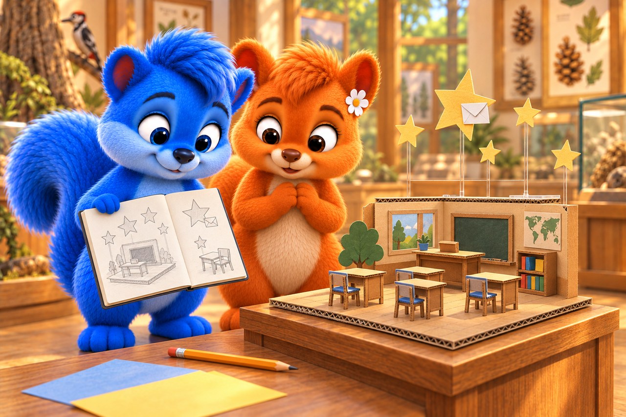 Puschel und Flauschi im Museum. Erfundenes Schulmodell: Papiersterne tragen Nachrichten, Tische bleiben am Boden.