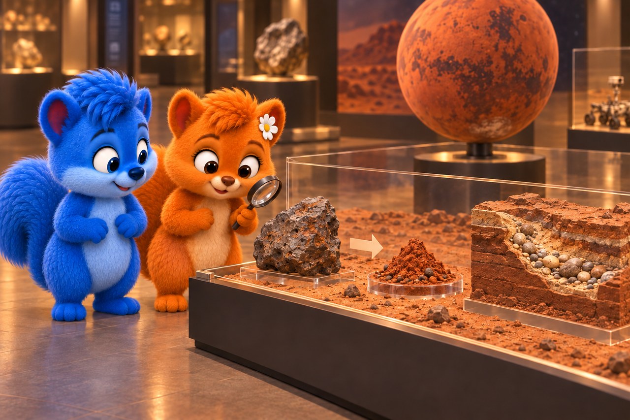 Puschel und Flauschi im Museum. Marsmodell mit eisenhaltigem Gestein, rotem Rost und einer alten Wasserrinne.
