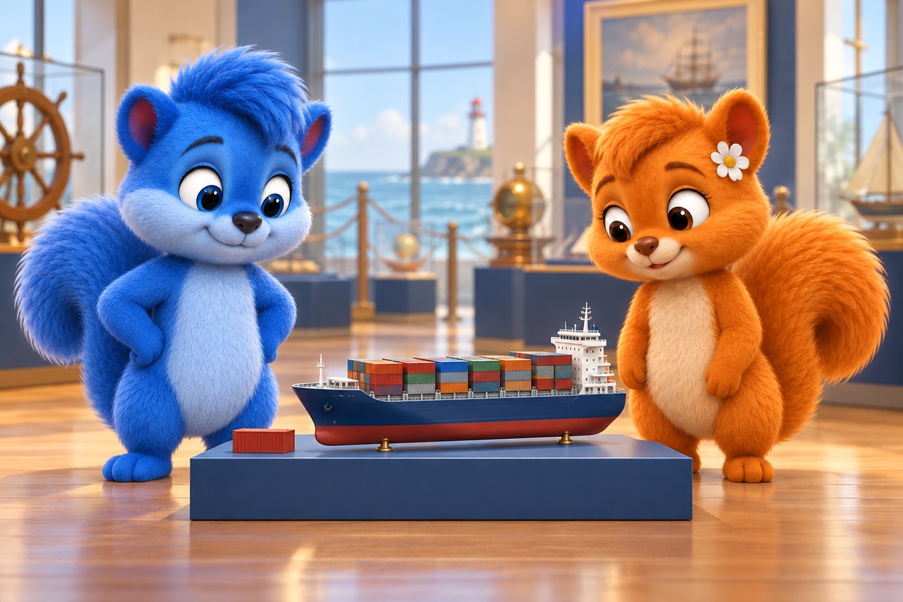 Gleich große erwachsene Wusels betrachten ein Containerschiff-Modell und eine einzelne Transportkiste im Museum.