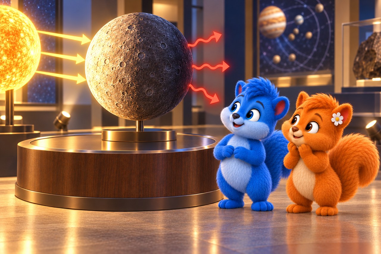 Puschel und Flauschi im Museum. Merkurmodell: Sonnenlicht trifft ein, Wärme geht nach außen.