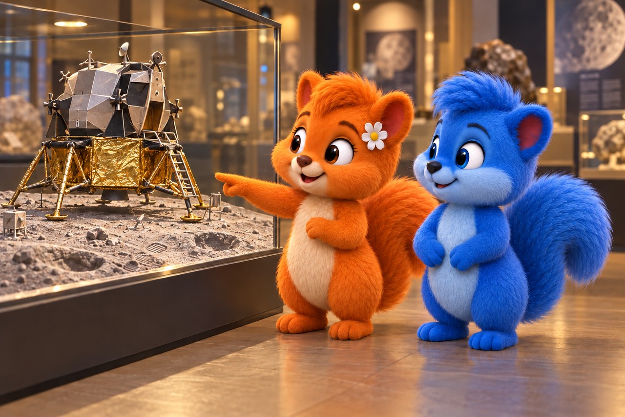 Gleich große Puschel und Flauschi betrachten ein vereinfachtes Apollo-Mondfährenmodell im Museum.