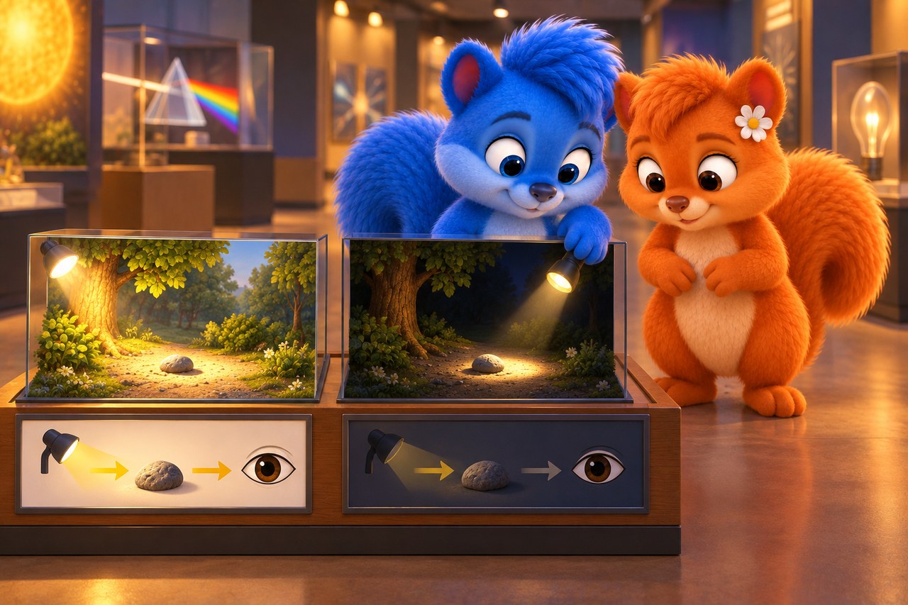 Puschel und Flauschi im Museum. Derselbe Modellweg bei viel und wenig Licht; eine Lampe erhellt nur einen Ausschnitt.