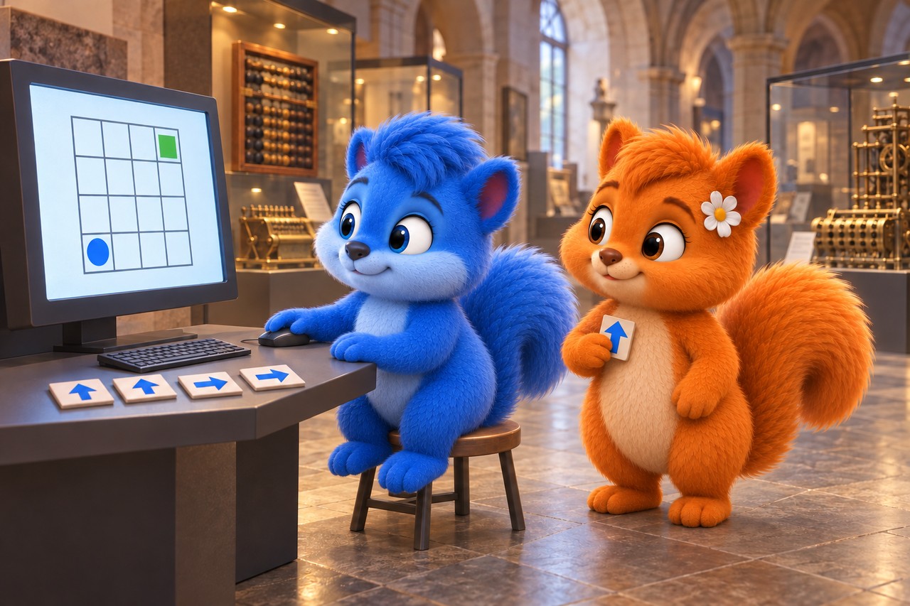 Puschel sitzt an einer Computerstation im Museum; Flauschi betrachtet mit einer Pfeilkarte das vereinfachte Spielraster.
