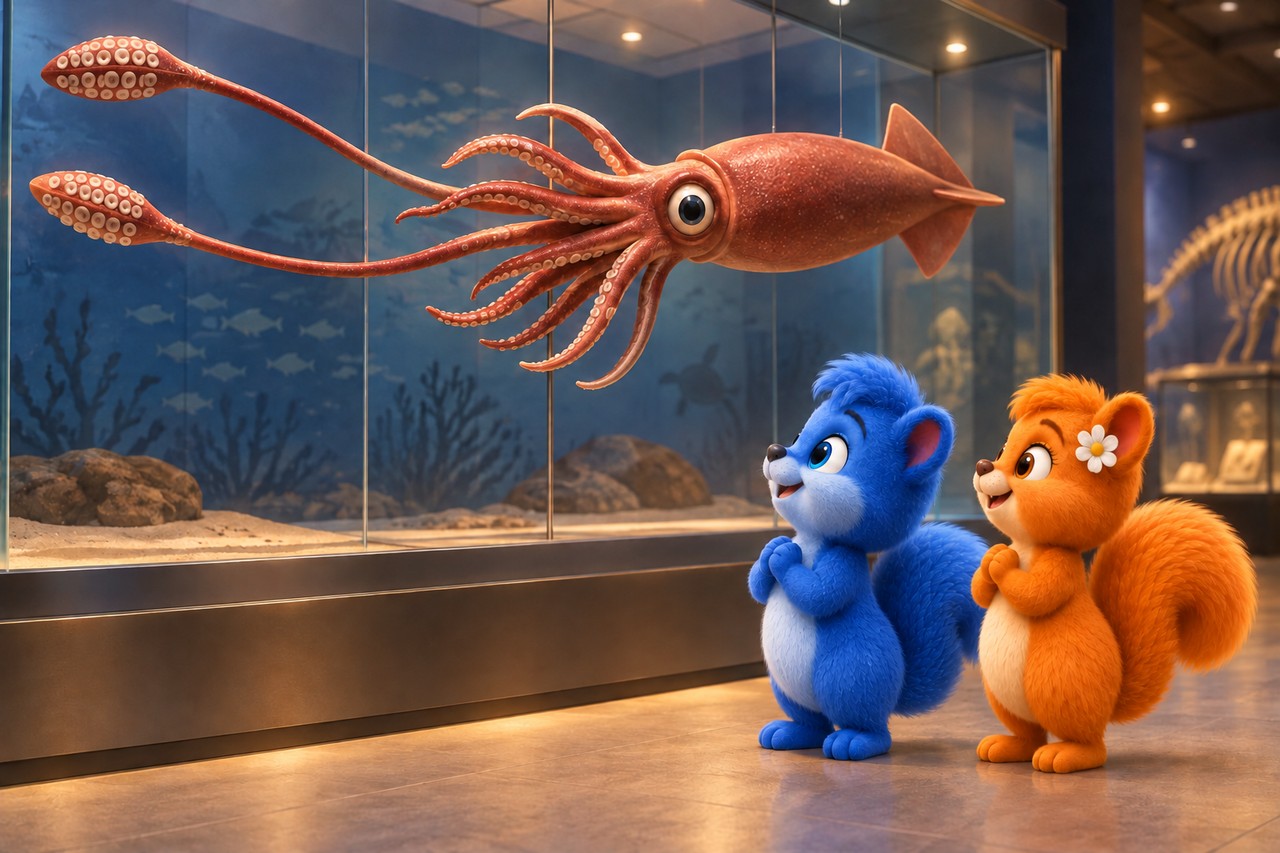 Gleich große Puschel und Flauschi betrachten ein verkleinertes Riesenkalmar-Modell in einem Meeresmuseum.