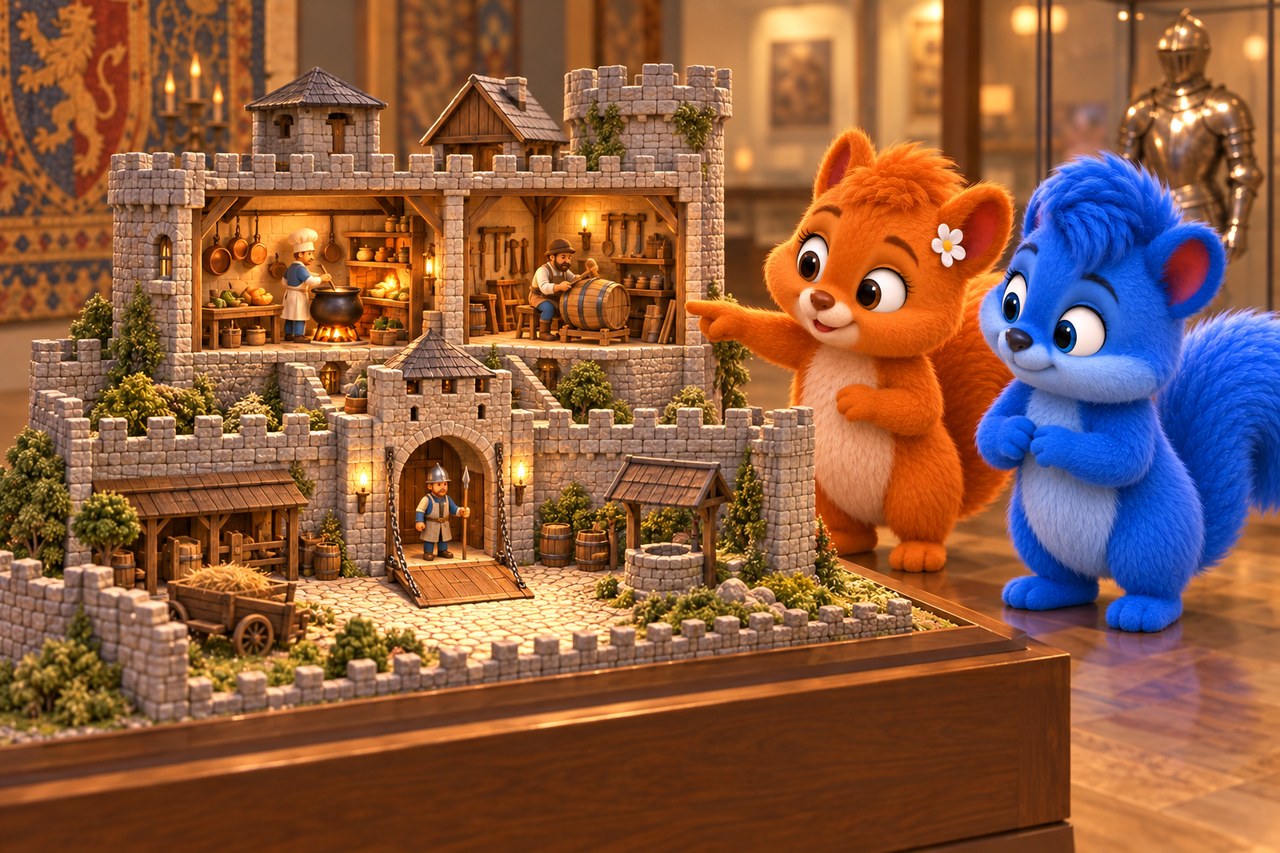 Puschel und Flauschi im Museum. Burgmodell mit Küche, Handwerk und Torwache.