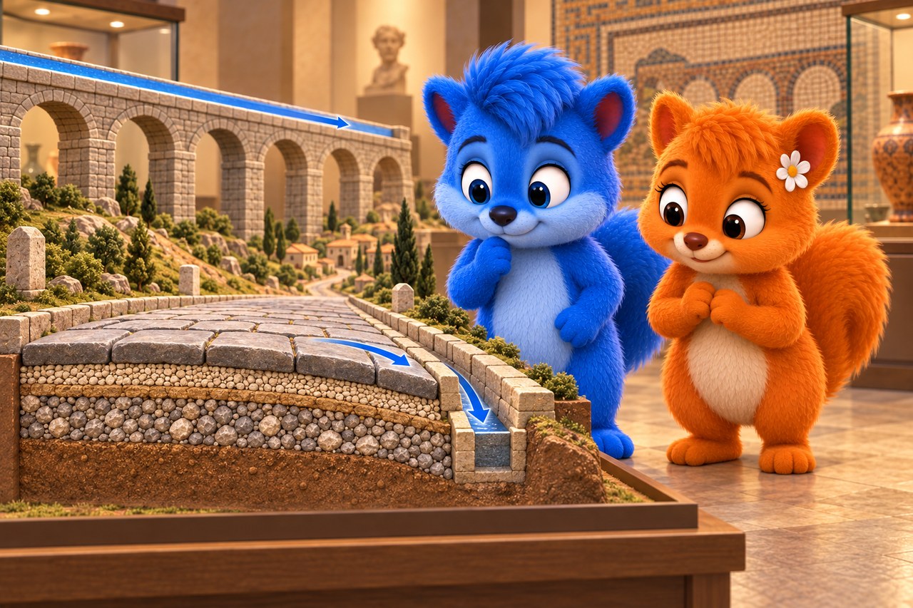Puschel und Flauschi im Museum. Straßenquerschnitt mit Entwässerung und Wasserkanal oben auf einer Bogenbrücke.