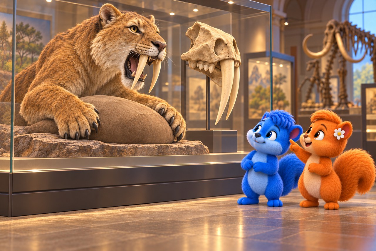 Puschel und Flauschi im Museum. Smilodon-Rekonstruktion mit langen Eckzähnen und kräftigen Vorderbeinen.