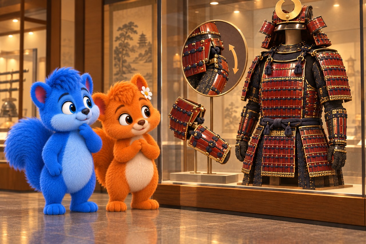 Puschel und Flauschi im Museum. Rüstungsmodell mit überlappenden Platten und einem vergrößerten beweglichen Gelenk.