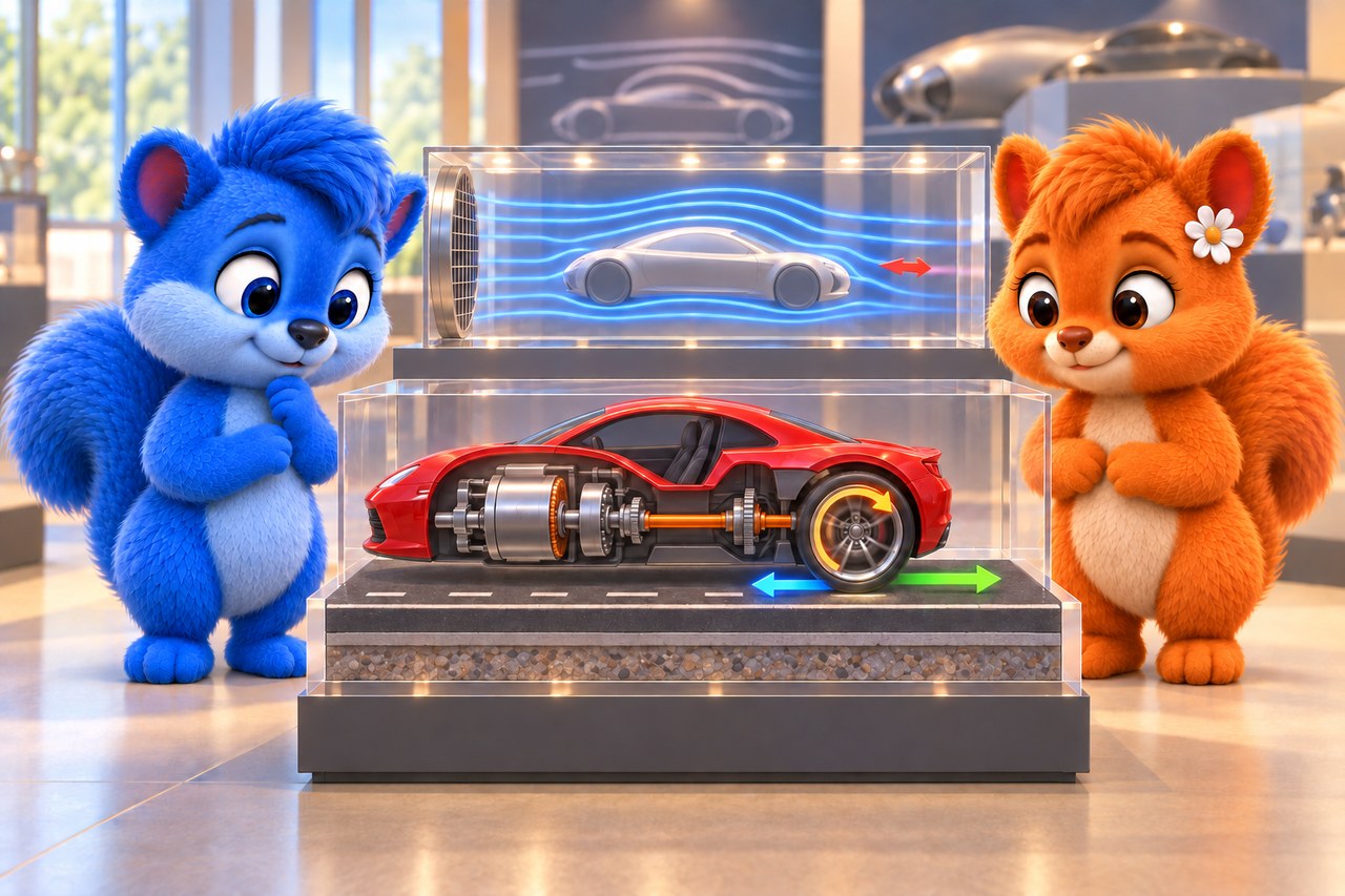 Puschel und Flauschi im Museum. Automodell mit Antrieb zum Rad, Bodenkontakt und Luftströmung um die Karosserie.