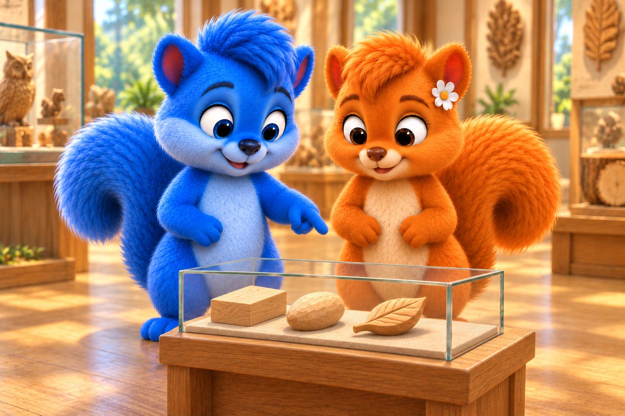 Puschel und Flauschi betrachten Holzrohlinge und eine kleine fertige Holzform unter einer Glasabdeckung im Handwerksmuseum.